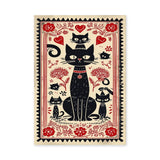 Black Cats Botanical Boho Wall Art – Red Flower Folk Garden Print