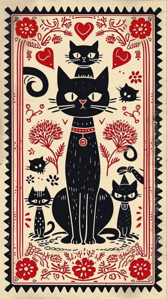 Black Cats Botanical Boho Wall Art – Red Flower Folk Garden Print