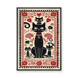Black Cats Botanical Boho Wall Art – Red Flower Folk Garden Print