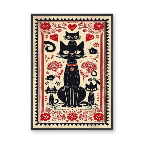 Black Cats Botanical Boho Wall Art – Red Flower Folk Garden Print