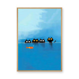 Black Cats Fish Modern Wall Art – Playful Blue Water Illustration