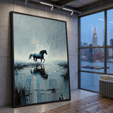 Black Horse Abstract Wall Art – Textured Blue Gray Water Reflection