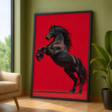 Black Horse Modern Wall Art – Rearing Horse on Bold Red Background