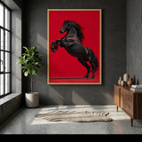 Black Horse Modern Wall Art – Rearing Horse on Bold Red Background