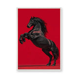 Black Horse Modern Wall Art – Rearing Horse on Bold Red Background