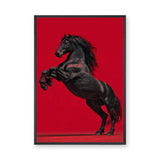 Black Horse Modern Wall Art – Rearing Horse on Bold Red Background
