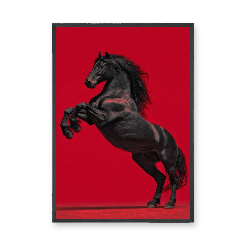 Black Horse Modern Wall Art – Rearing Horse on Bold Red Background