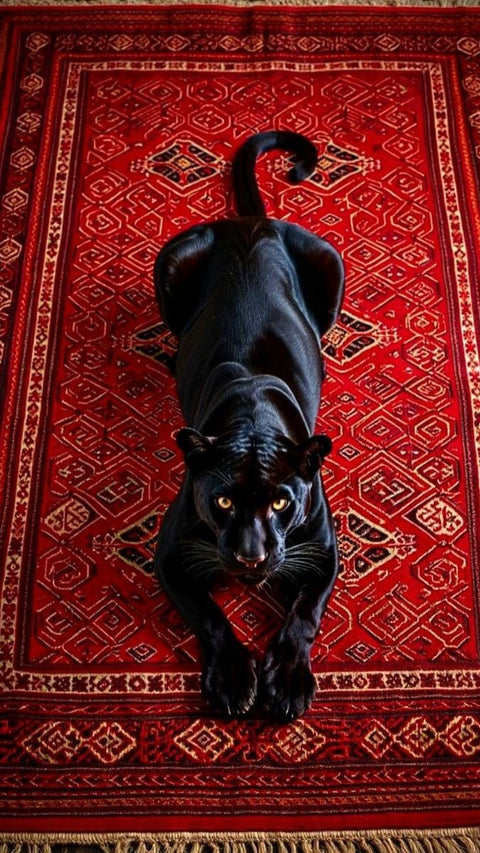 Black Panther Eclectic Wall Art – Ornate Red Rug Animal Print