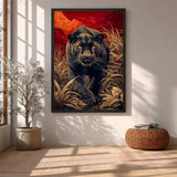 Black Panther Jungle Maximalist Wall Art – Crimson Botanical Scene