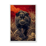 Black Panther Jungle Maximalist Wall Art – Crimson Botanical Scene