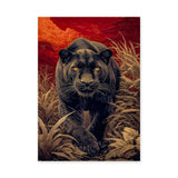 Black Panther Jungle Maximalist Wall Art – Crimson Botanical Scene