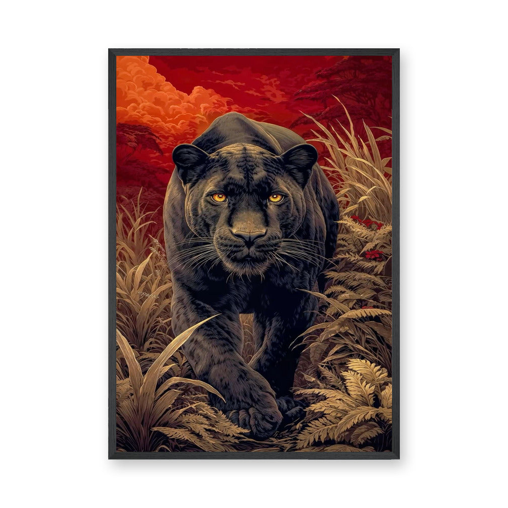 Black Panther Jungle Maximalist Wall Art – Crimson Botanical Scene