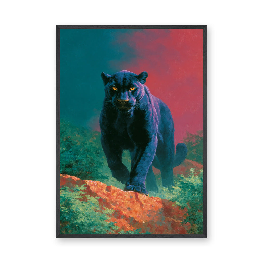 Black Panther Modern Wall Art – Glowing Eyes in Vibrant Jungle
