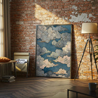Blue and Gold Japanese Cloud Artwork, Traditional Woodblock Style Sky Print, Zen Minimal Wall Décor Poster for Elegant Decor