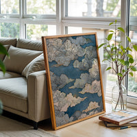 Blue and Gold Japanese Cloud Artwork, Traditional Woodblock Style Sky Print, Zen Minimal Wall Décor Poster for Elegant Decor
