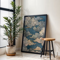 Blue and Gold Japanese Cloud Artwork, Traditional Woodblock Style Sky Print, Zen Minimal Wall Décor Poster for Elegant Decor