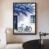 Blue Bicycle Coastal Wall Art – Mediterranean Facade with Flowers