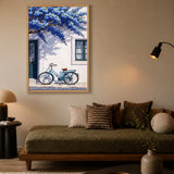 Blue Bicycle Coastal Wall Art – Mediterranean Facade with Flowers