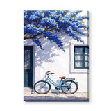 Blue Bicycle Coastal Wall Art – Mediterranean Facade with Flowers