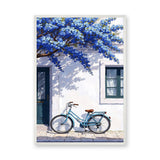Blue Bicycle Coastal Wall Art – Mediterranean Facade with Flowers