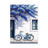 Blue Bicycle Coastal Wall Art – Mediterranean Facade with Flowers