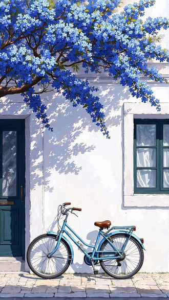 Blue Bicycle Coastal Wall Art – Mediterranean Facade with Flowers