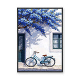 Blue Bicycle Coastal Wall Art – Mediterranean Facade with Flowers