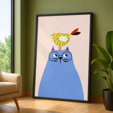 Blue Cat and Bird Kids Wall Art – Minimalist Nursery Animal Print