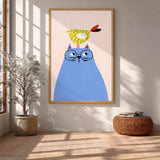 Blue Cat and Bird Kids Wall Art – Minimalist Nursery Animal Print