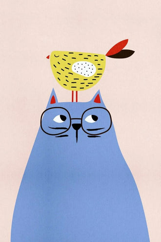 Blue Cat and Bird Kids Wall Art – Minimalist Nursery Animal Print