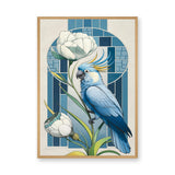 Blue Cockatoo Art Deco Wall Art – Floral Stained-Glass Style Print