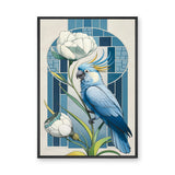 Blue Cockatoo Art Deco Wall Art – Floral Stained-Glass Style Print