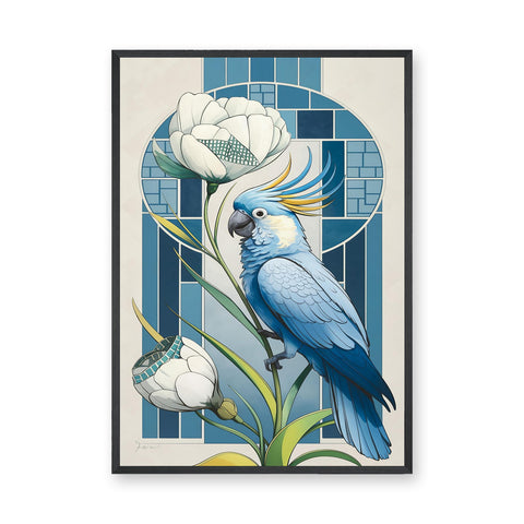 Blue Cockatoo Art Deco Wall Art – Floral Stained-Glass Style Print