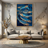 Blue Fish Coastal Wall Art – Stylized Ocean Fish in Swirling Water