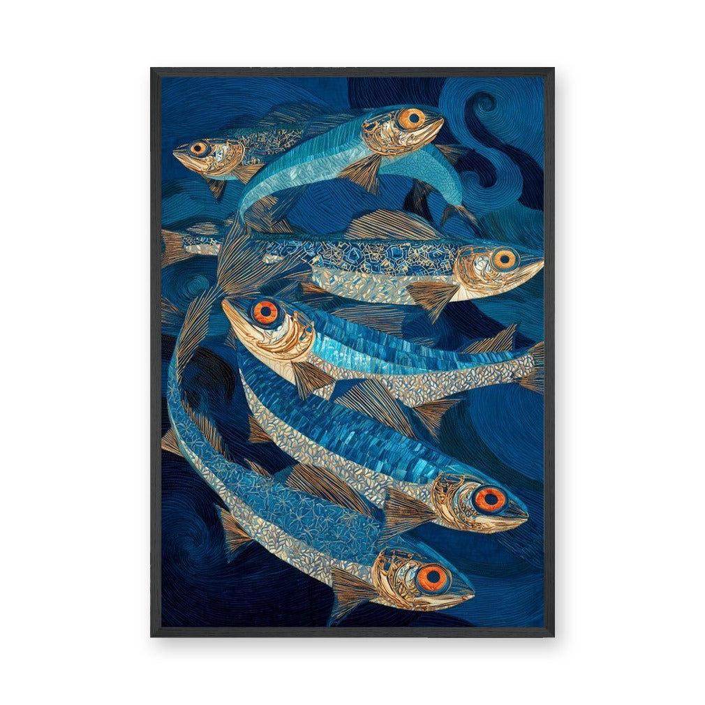 Blue Fish Coastal Wall Art – Stylized Ocean Fish in Swirling Water