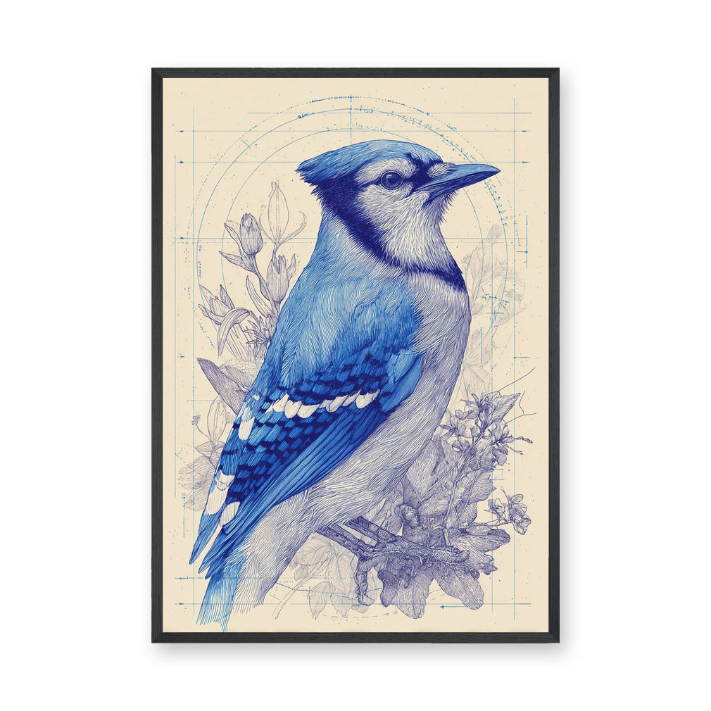Blue Jay Botanical Traditional Wall Art – Cream Floral Line Study