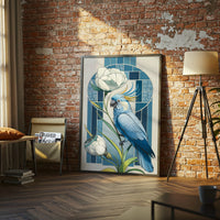 Blue Parrot Floral Wall Print Poster – Aesthetic Bird and Flower Print