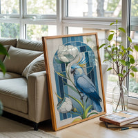 Blue Parrot Floral Wall Print Poster – Aesthetic Bird and Flower Print