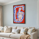 Blue Striped Cat Abstract Wall Art – Playful Red Animal Print