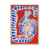 Blue Striped Cat Abstract Wall Art – Playful Red Animal Print