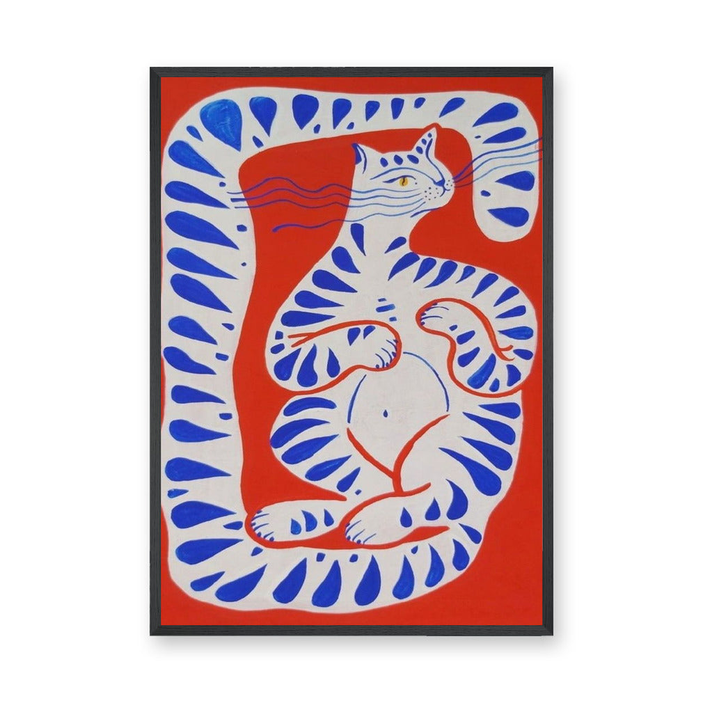 Blue Striped Cat Abstract Wall Art – Playful Red Animal Print