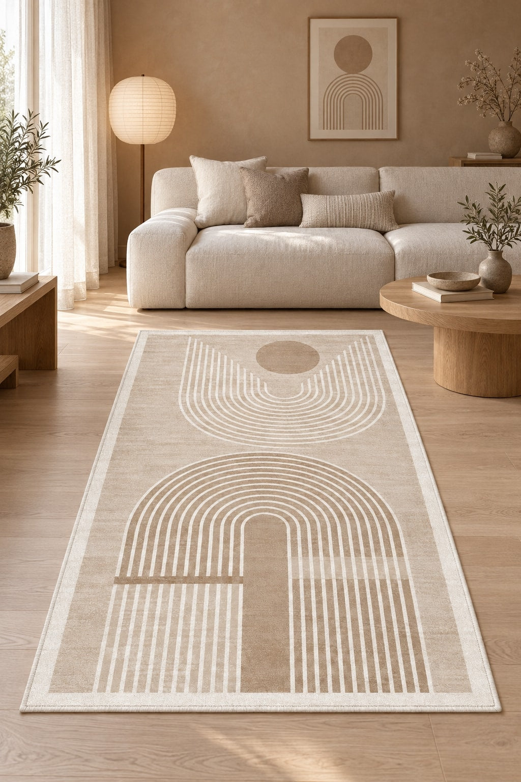 Bohemian Boho Oval Area Rug – Beige in a living room