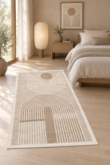 Bohemian Boho Oval Area Rug – Beige in a bedroom