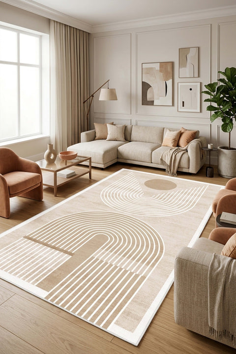 Bohemian Boho Oval Area Rug – Beige in a living room