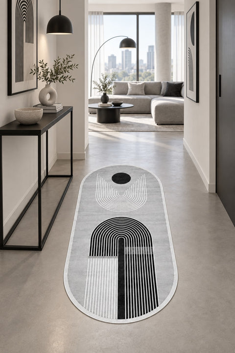 Bohemian Boho Oval Area Rug – Gray in a hallway