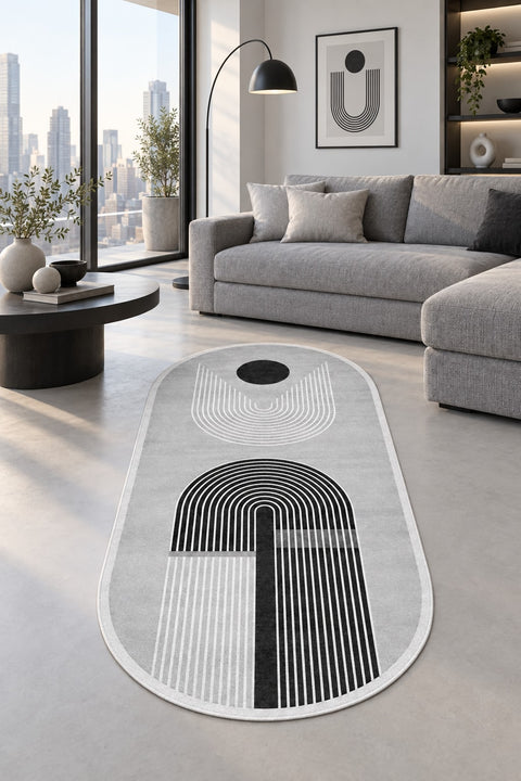 Bohemian Boho Oval Area Rug – Gray in a living room