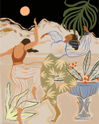 Boho Dancers Modern Abstract Wall Art – Botanical Mountain Dance Print