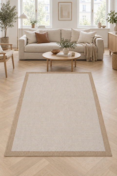 Border Modern Kitchen Rug – Ecru & Natural in a living room