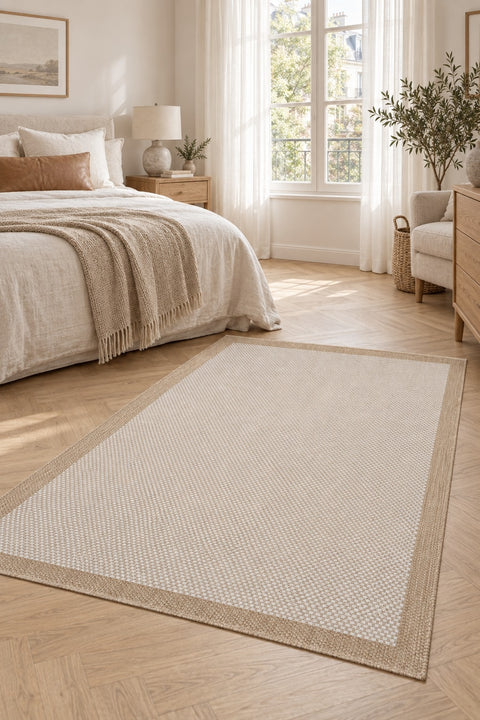 Border Modern Kitchen Rug – Ecru & Natural in a bedroom