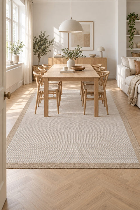 Border Modern Kitchen Rug – Ecru & Natural in a dining room